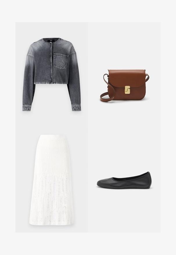 Lühendatud teksajakk tuhmmust mustast, millel on pikad varrukad, ümmargune kaelus, ees nup closure ja üks rinna tasku.; Valge lühikeste varrukatega T-särk ribatud kangast. Ümara kaelusega, tavalisest sobivusest ja peente õmbluse detailidega. Ilma mustrite või graafikateta.; Kootud valge midi seelik, millel on tekstuurine muster vertikaalsete joonte ja lõike-detailidega hemmi lähedal. Elastne vöökoht. Pehme materjal.; Musthave mustika tantsutossud mustast nahast, ümmarguse varbaga, siledast tekstuurist, minimaalse õmblusdetailiga ja paindliku tallakujundusega.; Pruunist nahast käekott, millel on klapiga sulgur, kuldne riistvara, õlarihm ja sile tekstuur. Kompaktne ristkülikukujuline vorm.