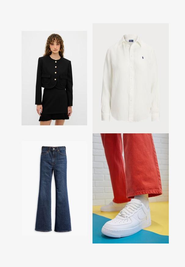 Chaqueta negra corta con botones dorados y dos bolsillos frontales, combinada con un vestido negro que presenta un dobladillo plisado. Textura suave en toda la prenda.; Camisa de lino blanca con mangas largas, cuello tipo button-down y botones en la parte frontal. Presenta un pequeño logotipo bordado en azul en el pecho.; Jeans de mezclilla de tiro alto en azul oscuro, con piernas acampanadas, cierre delantero de botón y cremallera, y diseño de cinco bolsillos.; Zapatilla de cuero blanco con caja de dedos perforada, suela texturizada y cordones blancos, combinada con pantalones rojos amplios y un fondo azul y amarillo.