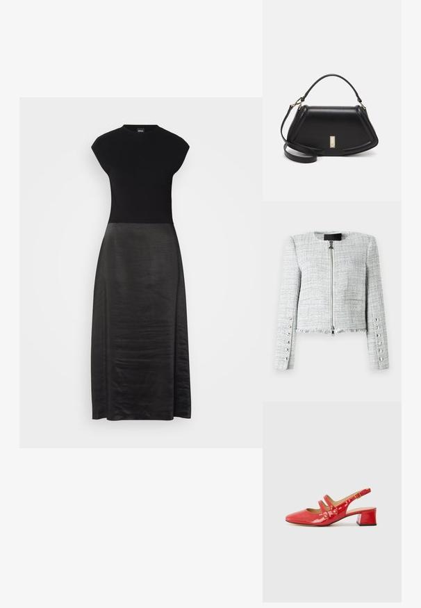 Veste courte en tweed gris avec un col rond, fermeture éclair à l'avant et ourlet effiloché. Présente des boutons décoratifs en argent sur les manches.; Robe noire avec un corsage ajusté et une jupe fluide en soie. Manches courtes, décolleté rond, texture lisse et design longueur cheville.; Escarpin en cuir verni rouge avec un bout pointu, design à deux brides avec des accents circulaires, et un petit talon bloc.; Sac à main en cuir noir avec un design structuré, featuring une forme cropped, une poignée supérieure et des accents en matériel doré. Bandoulière réglable incluse.