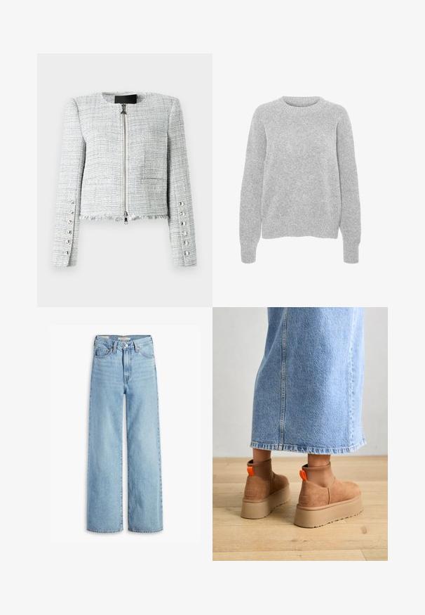 Gray tweed cropped jacket with a round neckline, front zip closure, and frayed hem. Features decorative silver buttons on sleeves.; Gray knitted sweater with long sleeves, round neckline, ribbed cuffs and hem, featuring a soft texture and relaxed fit.; High-waisted, light blue wide-leg jeans with front button and zipper, belt loops, and five-pocket styling.; Brown suede platform boots with elastic side panels and orange pull tabs, paired with a knee-length light denim skirt on a wooden floor.