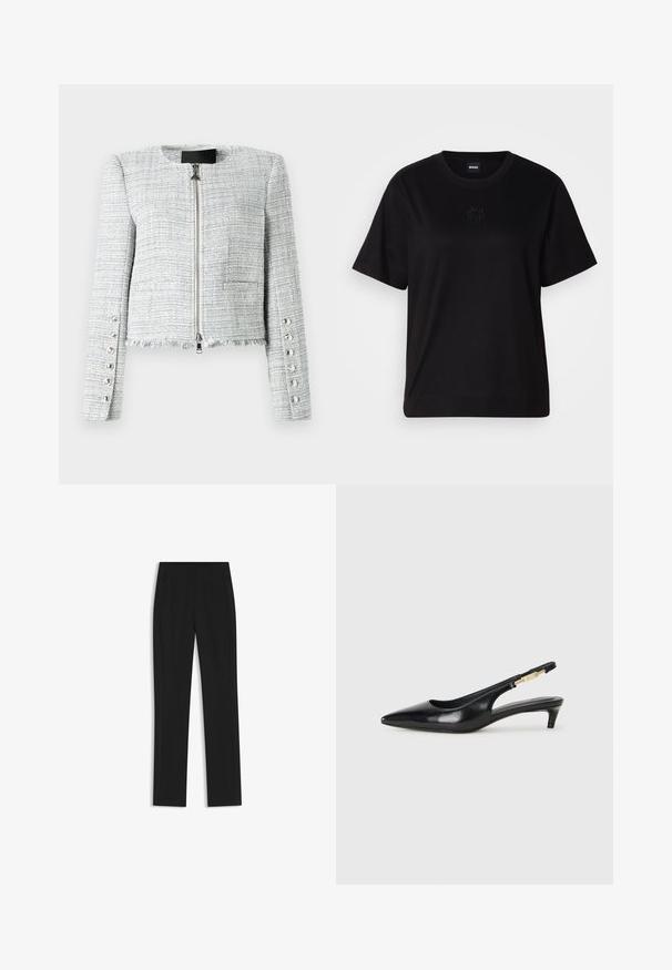 Grau meliertes, verkürztes Jacket mit Rundhalsausschnitt, vorderem Reißverschluss und fransigem Saum. Verfügt über dekorative silberne Knöpfe an den Ärmeln.; Schwarzes Baumwoll-T-Shirt mit Rundhalsausschnitt, kurzen Ärmeln und aufgesticktem Logo auf der Brust. Einfacher, lässiger Schnitt ohne Muster.; Schwarze maßgeschneiderte Hose mit geradem Bein, ausgestattet mit Fronttaschen und einem glatten, strukturierten Stoff. Saubere, minimale Details.; Schwarze Leder-Slingback-Pumps mit spitzem Schuhblatt, ausgestattet mit einem schlanken Absatz und einem goldfarbigen Akzent am verstellbaren Riemen. Glatte Textur.