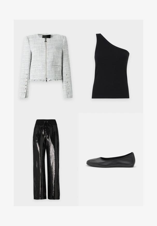 Gray tweed cropped jacket with a round neckline, front zip closure, and frayed hem. Features decorative silver buttons on sleeves.; One-shoulder black ribbed tank top with a fitted design and soft texture. Features a clean, minimal cut and smooth neckline.; Black sequined pants with a wide-leg cut and elastic waistband featuring a drawstring. The fabric has a reflective, shiny texture.; Black leather ballet flat with a rounded toe, smooth texture, minimal stitching detail, and a flexible sole design.
