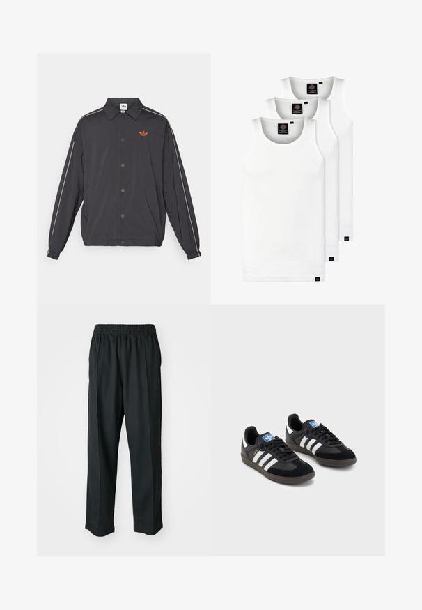 Svart lett jakke med knappelukk, hvite sidestriper og en liten oransje logo på brystet. Elasisk mansjetter og krage.; Tre hvite ribbestrikkede tank topper laget av bomull. Har en rund hals og små svarte etiketter nær kanten. Tilgjengelig i flere størrelser.; Sorte idrettsbukser med elastisk midje, laget av glatt stoff, med subtile sidesømmer og en avslappet passform, rett ben-design.; Svarte sneakers med overdel i semsket lær og syntetisk materiale, med tre hvite striper, strukturert gummisåle og blå logoetikett på tungen.