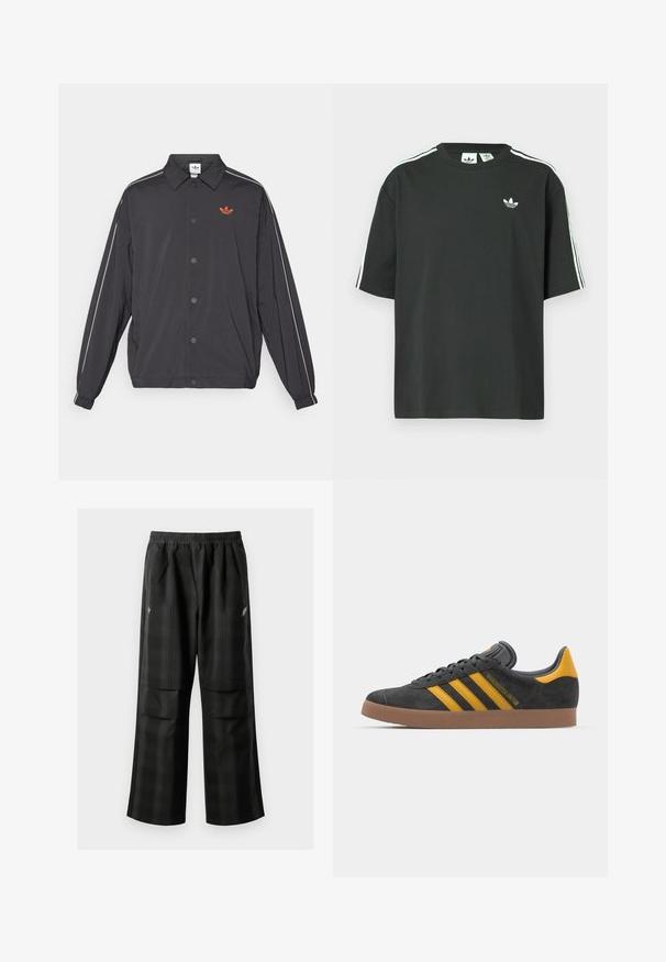 Casaco leve preto com fecho de botão, riscas laterais brancas e um pequeno logo laranja no peito. Punhos elásticos e colarinho.; T-shirt preta de algodão com mangas curtas, gola redonda e detalhe branco de três riscas nos ombros. Apresenta um pequeno logotipo branco no peito.; Calças pretas em padrão xadrez com cintura elástica, dois bolsos frontais e um ajuste solto com design de perna reta. Feitas de material leve.; Tenis em camurça preta com detalhes amarelos, apresentando três riscas e uma sola de borracha castanha. Inclui uma língua acolchoada para maior conforto.
