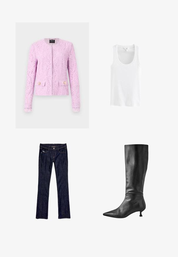 Spitzenjacke in Pastelllila mit rundem Halsausschnitt, Vorderreißverschluss und zwei frontalen Taschen mit dekorativen blumenförmigen Knöpfen.; Weißes Tanktop aus geripptem Baumwollstoff, mit einem Rundhalsausschnitt und breiten Trägern, ohne sichtbare Muster oder Akzente.; Dunkelblaue Denim-Jeans mit geradem Bein, ausgestattet mit einer vorderen Knopfverschluss, fünf Taschen und sichtbaren Nähten entlang der Nähte.; Schwarze Lederstiefel bis zum Knie mit spitzer Zehe und kleinem Blockabsatz, die eine glatte Textur und eine elegante Silhouette aufweisen.