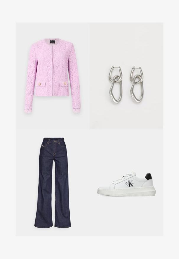 Koronkowa kurtka w pastelowym fioletowym kolorze z okrągłym dekoltem, zamek błyskawiczny z przodu i dwiema przednimi kieszeniami ozdobionymi kwiatowymi guzikami.; Biała bawełniana koszulka polo z krótkim rękawem i klasycznym kołnierzykiem; posiada mały detal logo w dolnej lewej części. Gładka tekstura.; Ciemnoniebieskie dżinsy szerokie w nogawkach wykonane z denimu, z wysokim stanem, z pomarańczowymi przeszyciami, pięcioma kieszeniami i zapięciem na guzik.; Białe sneakersy typu low-top z czarnym paskiem na pięcie, platformą, sznurowadłami i logo "CK" marki Calvin Klein na boku.; Calvin Klein - Kolczyki