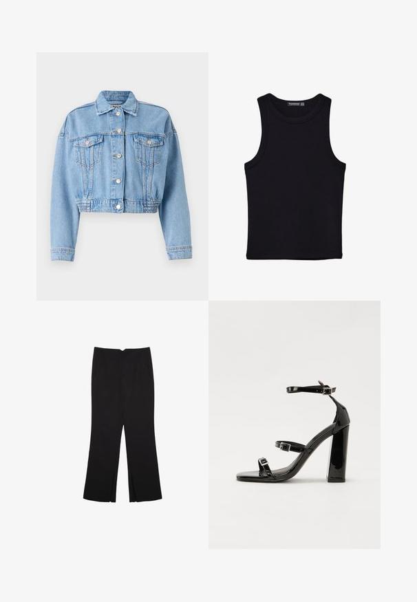 Svetlo modrá skrátená džínová bunda s dvoma prednými vreckami, kovovými gombíkmi a zhromaždeným lemom pre priliehavý vzhľad.; Čierny tank top vyrobený z bavlny, s okrúhlym výstrihom a širokými ramienkami. Hladká textúra so zošitými okrajmi. Klasický, minimalistický dizajn.; Čierne nohavice so strihom rovného strihu, s prednými vreckami a bočnými rozparkami na leme. Vyrobené z mäkkej, hladkej tkaniny. Vhodné na rôzne príležitosti.; Čierne lakované sandále na vysokom opätku s dvoma prackami, štvorcovou špičkou a hrubým blokovým opätkom, s hladkou, lesklou textúrou.