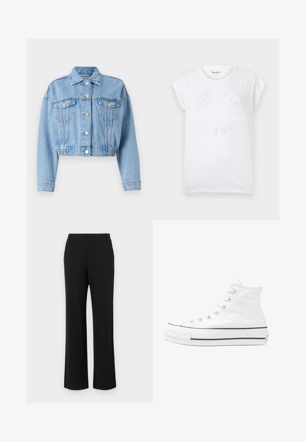 Svijetloplava skraćena traper jakna s dva prednja džepa, metalnim gumbima i nabranošću na rubu za prilagođen izgled.; Bijela pamučna majica s okruglim izrezom i kratkim rukavima. Sadrži kružni tekstualni dizajn u malim točkicama koji glasi "Pepe Jeans London."; Crne, zvonaste hlače glatke teksture, s pojasom srednje visine i bočnim džepovima. Jednostavan dizajn bez uzoraka ili ukrasa.; Bijela visoka platnena tenisica s crnom gumenom potplatom, prednjim gumenim zaštitnikom prstiju i šest rupa za vezanje, s čistim, minimalističkim dizajnom.
