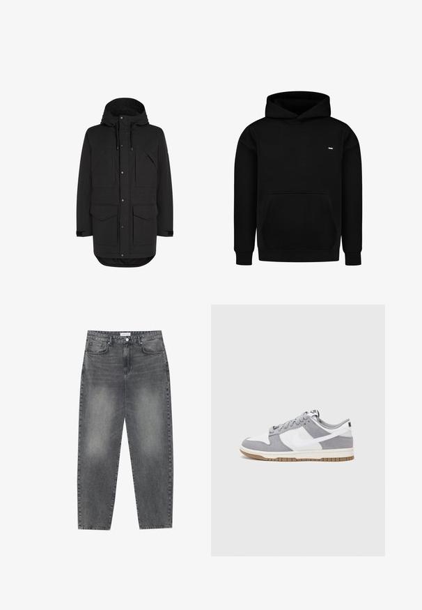 Černá parka do kolen s kapucí, čtyřmi předními kapsami s klopami, zapínáním na druky a zip, a nastavitelnými zápěstními popruhy.; Černá mikina vyrobená z bavlněné směsi, s klokaní kapsou, ribovanými manžetami a malým logem na hrudi.; Kalhoty s vysokým pasem, volného střihu, vyrobené z vybledlého černého denimu. Mají pět kapes, poutka na opasek a čistý, rovný střih nohavic.; Šedé a bílé tenisky s svrškem z jemné kůže a kůže, kulatou špičkou, plochými tkaničkami a gumovou podrážkou s akcentem v barvě gumy.