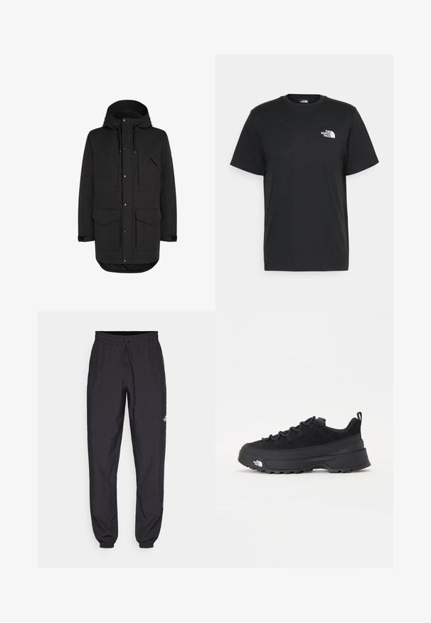 Zwarte parka jas tot de knie met capuchon, vier voorzakken met kleppen, drukknoop- en ritssluiting, en verstelbare mouwbanden.; Zwarte katoenen T-shirt met korte mouwen, ronde hals en een klein wit logo op de linkerkant van de borst. Eenvoudig ontwerp, gladde textuur en een comfortabele pasvorm.; Zwarte sportieve broek gemaakt van lichtgewicht stof, met een trekkoord in de taille, zijzakken en taps toelopende boorden bij de enkels.; Zwarte outdoor sneaker met een suede bovenkant, een gestructureerde rubberen zool en een stevig vetersysteem. Heeft een versterkte hiel en een merklogo aan de zijkant.