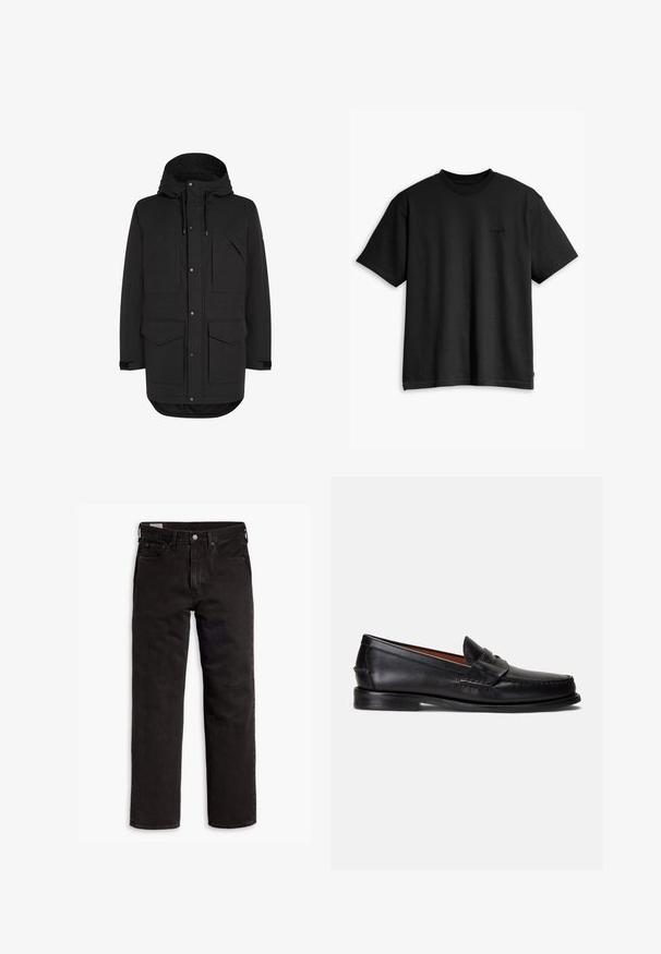 Black knee-length parka jacket with hood, four front pockets with flaps, snap button and zipper closure, and adjustable wrist straps.; Black cotton t-shirt with a crew neck and short sleeves. Features a subtle front logo and a straight hemline. Simple and minimalistic design.; Black straight-leg denim jeans with five pockets, button closure, and belt loops, laid flat on a white background.; Black leather loafers with a smooth finish, rounded toe, and a decorative band across the upper. Features a low black sole.