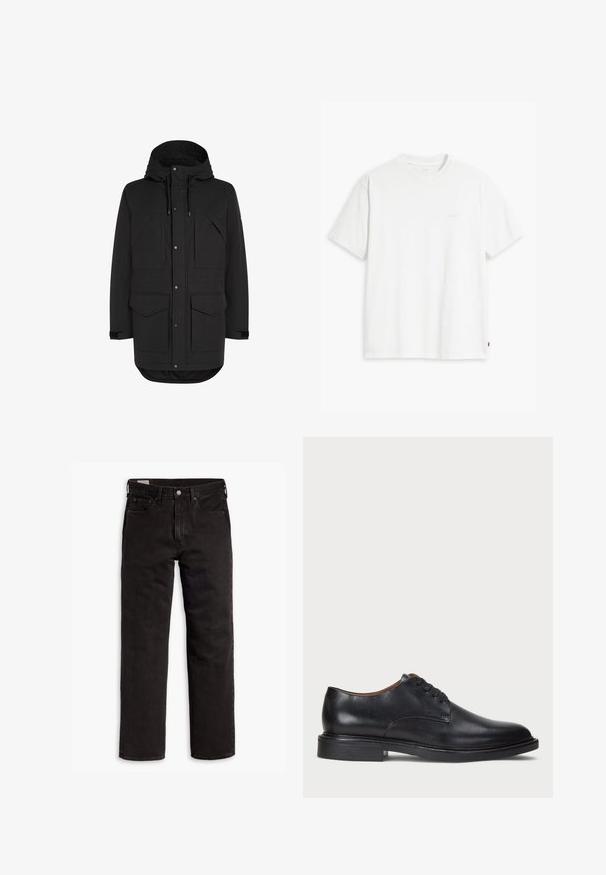 Musthave musta põlvekõrgune parka jakk kapuutsiga, neli esitagumist taskut klappidega, nööbiga ja lukuga sulgemine ning reguleeritavad randme rihmad.; Valge puuvillane T-särk lühikeste varrukatega, ümmarguse kaelusega ja esiküljel heledas toonis peen "Levi's" logo.; Mustad sirgedega teksapüksid viie taskuga, nööpidega kinnitamine ja vöökohaga, lamab tasasele valgele taustale.; Must musta kleitjalats ümarate varvastega, paeltega disain ja madal virnastatud konts. Sile tekstuur minimaalsete õmblustega.