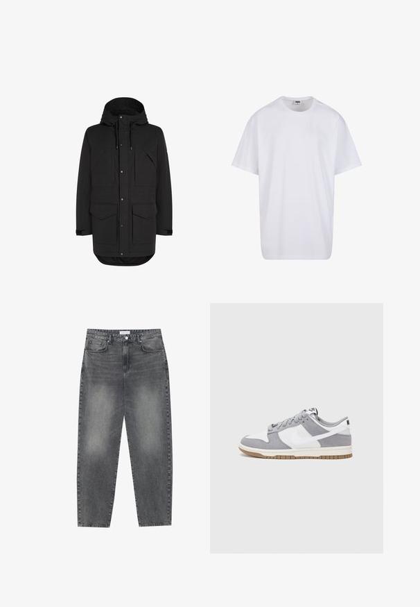 Črna parka jakna do kolen s kapuco, štirimi sprednjimi žepi s pokrovi, zapiranjem na gumbe in zadrgo ter nastavljivimi zapestnimi trakovi.; Bela bombažna majica s kratkimi rokavi, okroglim izrezom, sproščenim krojem in brez vidnih logotipov ali vzorcev. Gladka tekstura in minimalen dizajn.; Visoko pasovi, široke kavbojke iz obledelog črnega denima. Imajo pet žepov, zanke za pas in čisto, ravno obliko nog. ; Sive in bele teniske s suknim in usnjem zgornjim delom, zaobljenim nosom, ravnimi vezalkami in gumijastim podplatom z dodatkom gumijaste barve.