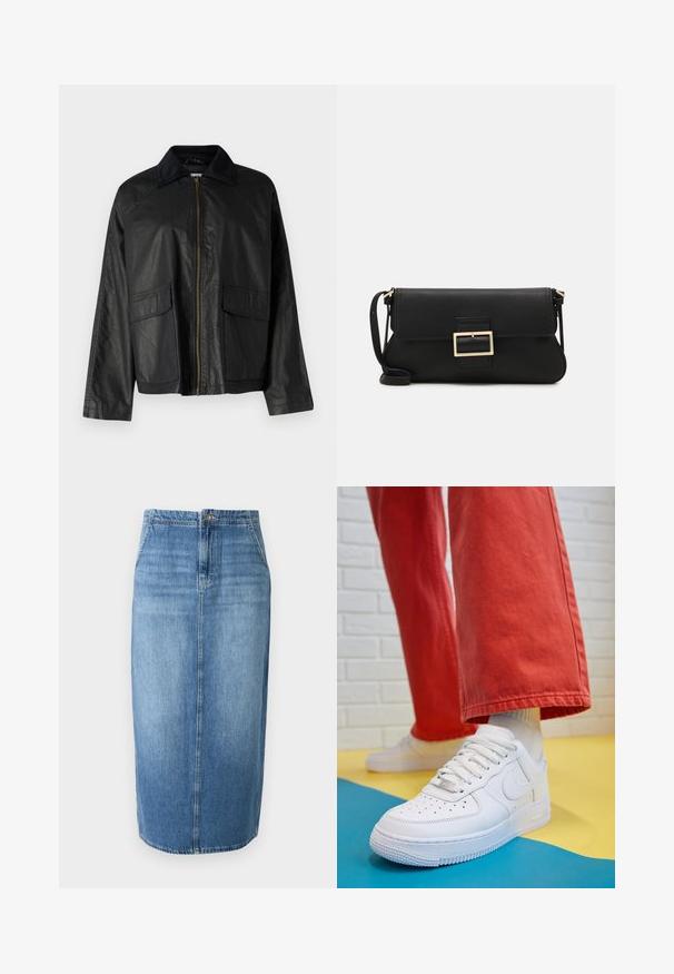 Black leather jacket with a zip front, textured collar, two front pockets, and relaxed fit. Features a smooth surface and minimal detailing.; JDY JDYDINEA L/S REVERSIBLE - Jumper - fern; Denim pencil skirt in light blue featuring a straight cut, front button closure, and subtle fading. Hemline is just above the knee.; White leather sneaker with perforated toe box, textured sole, and white laces, paired with wide red pants and a blue and yellow background.; Black leather clutch bag with a flap and a gold metal buckle detail. Includes a black strap and a sleek, minimalist design.