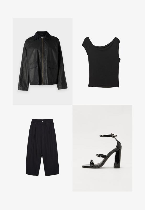 Giubbotto di pelle nera con zip frontale, colletto testurizzato, due tasche anteriori e vestibilità rilassata. Presenta una superficie liscia e dettagli minimi.; Top nero a maniche corte realizzato in tessuto liscio; presenta un colletto drappeggiato e un orlo asimmetrico, con una vestibilità aderente.; Pantaloni culotte neri in poliestere con una cintura elastica, due pieghe frontali e una silhouette ampia. Nessun motivo visibile o dettagli in metallo.; Sandali con tacco in vernice nera, con punta squadrata, cinturini alla caviglia e fibbie in argento. Presentano un tacco a blocco spesso per maggiore stabilità.