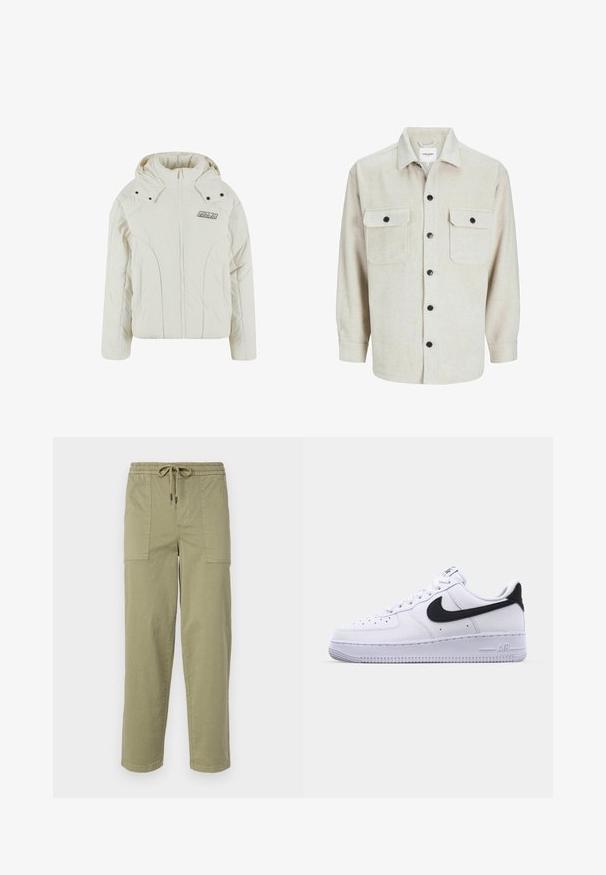 Jachetă albă cu umplutură, cu guler înalt, fermoar frontal și glugă. Prezintă capse metalice și o etichetă cu logo în zona pieptului stâng.; Cămașă din flanel bej cu guler, având două buzunare pe piept, nasturi negri și mâneci lungi cu manșete cu nasturi.; Pantaloni de culoare verde măslin deschis, confecționați dintr-un amestec de bumbac, cu un tiv elastic și șnur, și două buzunare laterale mari.; Adidași din piele albă cu un Swoosh negru texturat, șireturi plate și o talpă din cauciuc cu un model zimțat. "AIR" este embosat pe călcâi.