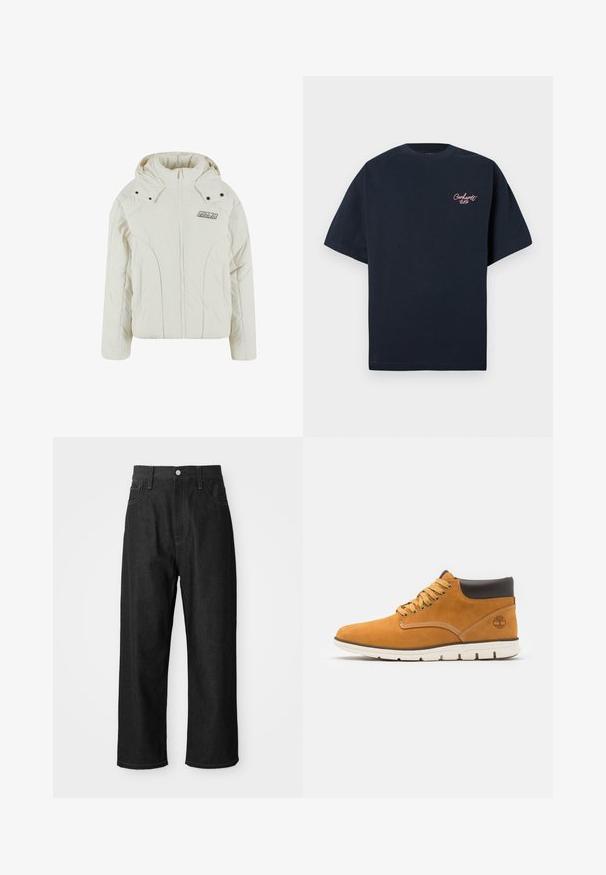 Bijela jakna s podstavom koja ima visoki ovratnik, prednji zip i kapuljaču. Ima metalne dugmadi i oznaku s logotipom na lijevoj strani prsnog područja.; Tamno plava pamučna majica s kratkim rukavima, koja ima mali ružičasti izvezeni logo na lijevoj strani prsnog dijela i klasičan okrugli izrez.; Crne traperice s opuštenim krojem, visokim strukom, zatvorenjem na zip, i dizajnom s pet džepova. Vidljivi šavovi naglašavaju cijelu odjeću.; Smeđi antilop čizmi do gležnja s podstavljenim okovratnikom, s zlatnim rupicama i vezicama, kontrastnim šavovima i bijelom gumenom potplatom.