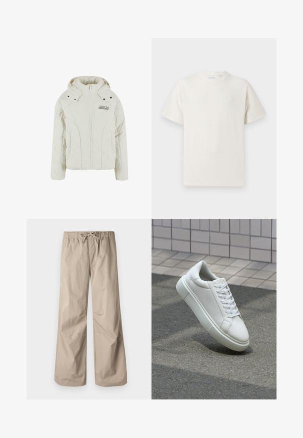 Valge padjaga jakk kõrgema kraega, lukuga ees ja kapuutsiga. Omab metallnuppe ja logo märki vasakul rinnapiiril.; Valge lühikeste varrukatega T-särk ribakudumises. Ümar kaelus, mugav lõige, nähtavad mustrid ega aksessuaarid puuduvad. Lihtne ja mitmekesine disain.; Beežid laiad püksid elastse vöökoha ja tõmbluku abil. Sile tekstuur, kaks küljetaskut ja minimaalsed õmblused, et tagada mugav istuvus.; Valge nahkline sneka, millel on sile pind, ümar varvas ja lame valge pael. Omab tekstuuriga kummist talla ja minimaalset kujunduselementi.