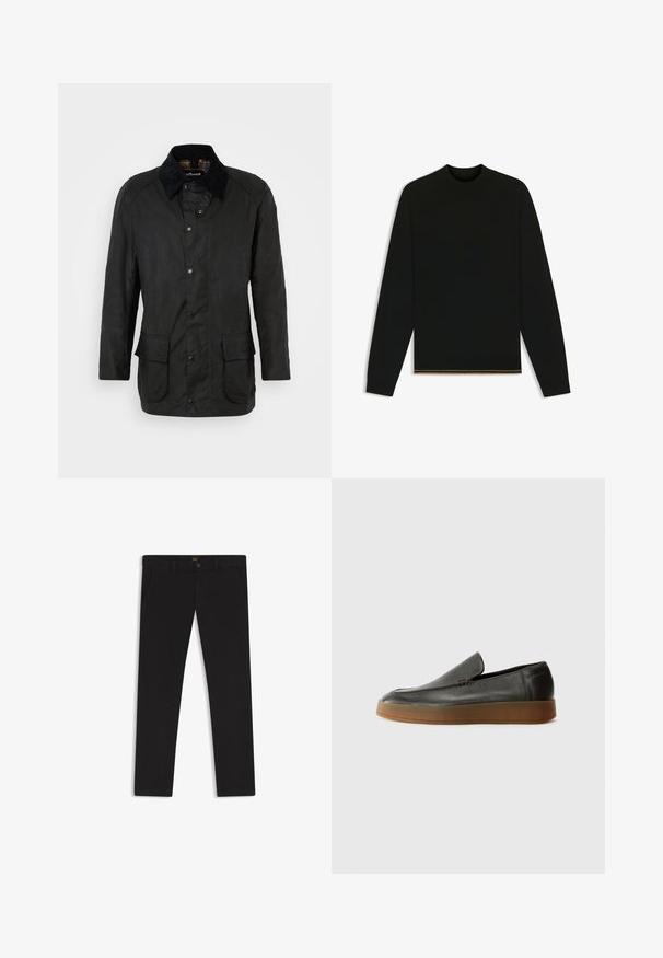 Black waxed cotton jacket with a corduroy collar, snap closures, and two front pockets. Features a classic cut and textural finish.; Black knit sweater with long sleeves and a high neck. Features a gold accent at the hem. Smooth texture and fitted design.; Black trousers made of fabric with a smooth texture. Features a button closure, belt loops, and side pockets. Standard straight-leg design.; Calvin Klein HYBRID CUP - Slip-ons - after dark