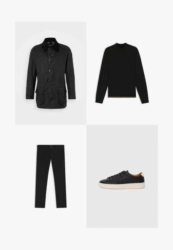 Black waxed cotton jacket with a corduroy collar, snap closures, and two front pockets. Features a classic cut and textural finish.; Black knit sweater with long sleeves and a high neck. Features a gold accent at the hem. Smooth texture and fitted design.; Black trousers made of fabric with a smooth texture. Features a button closure, belt loops, and side pockets. Standard straight-leg design.; Black leather sneakers with a smooth texture, beige rubber sole, lace-up design, and a contrasting heel accent.