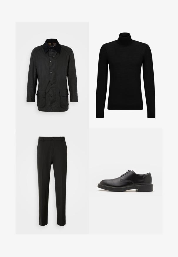 Black waxed cotton jacket with a corduroy collar, snap closures, and two front pockets. Features a classic cut and textural finish.; Black turtleneck sweater made of soft material, featuring long sleeves and a snug fit. Ribbed trim at the hem and cuffs. Simple design.; Black trousers made of smooth fabric, featuring straight legs, a button closure, and a classic design suitable for formal or casual wear.; Black leather lace-up shoe with a rounded toe, smooth texture, minimal stitching, and a low rubber heel. Logo on the heel.