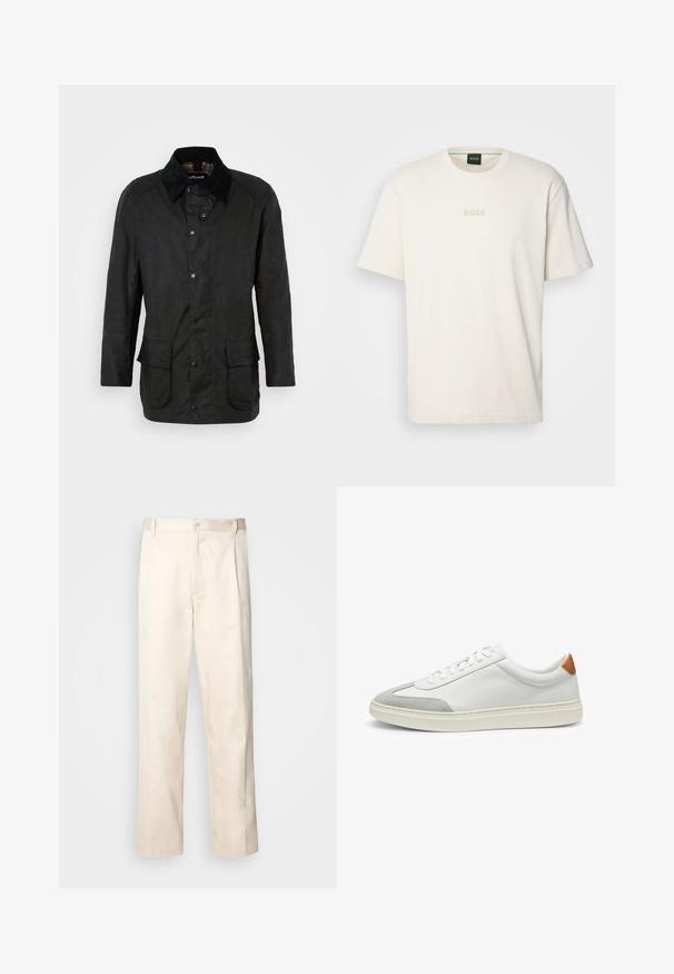 Black waxed cotton jacket with a corduroy collar, snap closures, and two front pockets. Features a classic cut and textural finish.; BOSS TEE - Basic T-shirt - open white; Beige cotton trousers with a straight-leg cut, featuring a button closure and pleats at the front for added detail.; White leather sneakers with gray suede accents and a tan leather heel tab. Features a textured surface and lightweight sole.