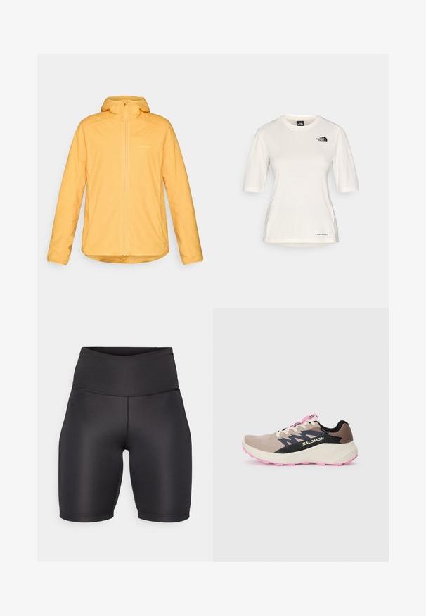 Yellow lightweight jacket with a hood, full front zipper, and elastic cuffs. Material appears smooth and water-resistant, featuring a subtle logo.; The North Face SHADOW SHORT SLEEVE - Sports T-shirt - white dune; Black athletic shorts with a high waistband, made of smooth, stretchy fabric. Features a seamless design and knee-length cut.; Beige and pink Salomon running shoe with black logo and design accents, cream midsole, and pink outsole, viewed from the side on a plain background.