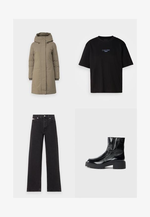 Kaki puffer plašč z zadrgo in gumbnim zapiranjem, odstranljivo kapuco, rebrastimi manšetami, gladko teksturo in dolžino do kolen.; Črna bombažna majica s krožnim izrezom, kratkimi rokavi in modrim vezenim logotipom "Calvin Klein JEANS" na sprednji strani.; Črne široke jeans hlače iz denima, s poudarjenim pasom, petimi žepi in kovinskim gumbom za zapiranje ter kontrastnim šivanjem.; Črne gležnarje z sijajnim patentiranim usnjem, debele črne gumijaste podplate in dvignjen petni del; vključujejo subtilen logotip na strani.