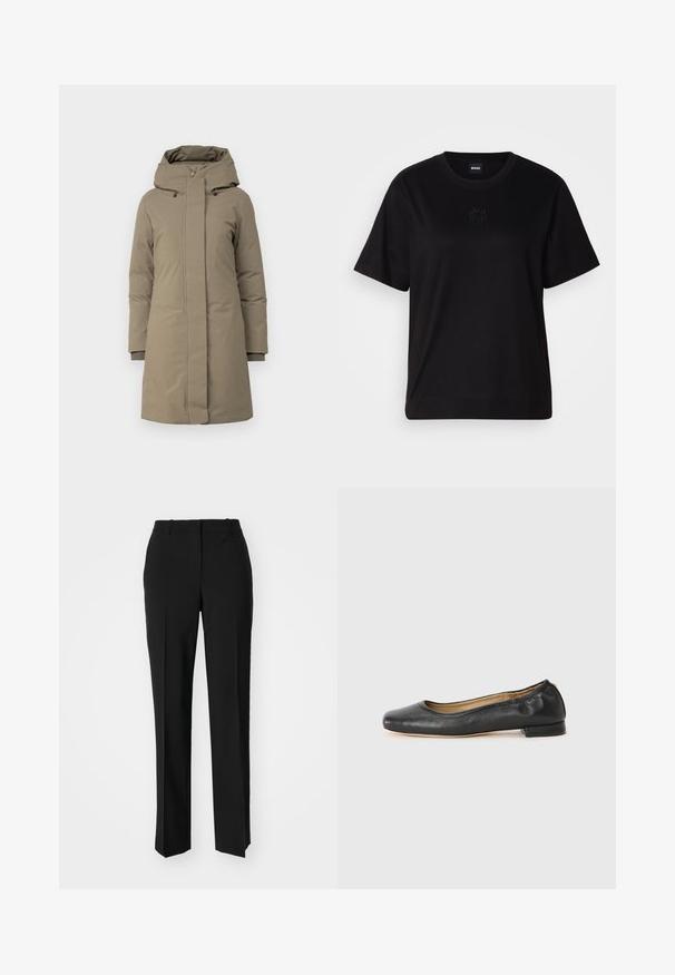 Cappotto imbottito kaki con chiusura a zip e bottoni, cappuccio rimovibile, polsini a coste, texture liscia e design fino al ginocchio.; Maglietta in cotone nera con scollatura tonda, maniche corte e logo ricamato sul petto. Design semplice e vestibilità rilassata senza motivi.; Pantaloni neri su misura con un design a gamba dritta, caratterizzati da una texture liscia e pieghe ben definite sul davanti. Senza hardware visibile.; Ballerine in pelle nera con punta arrotondata e cuciture minime. Tacco basso e rettangolare, con texture liscia. Dettaglio discreto sulla fodera interna.