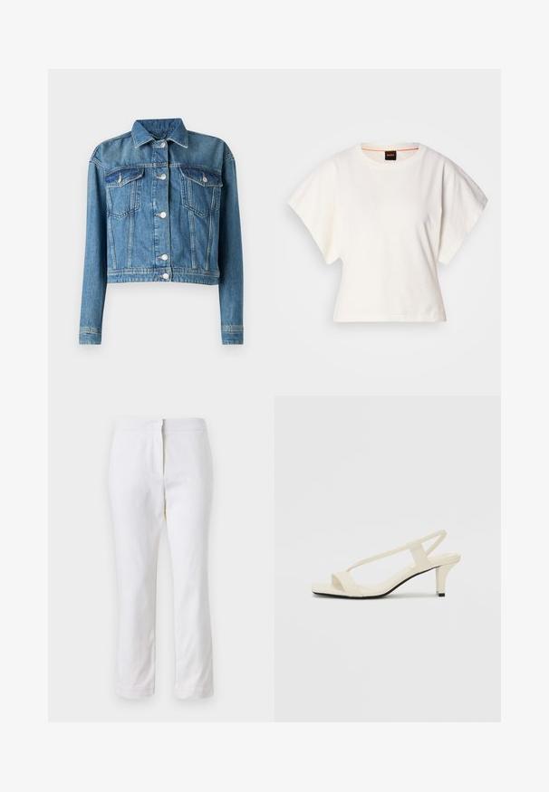 Jachetă din denim de culoare albastru deschis, cu un design scurt, având două buzunare pe piept, nasturi cu capsenă argintie și un guler clasic.; Tricou alb scurt, cu mâneci scurte și largi, din bumbac moale, cu decolteu rotund și un finisaj subtil portocaliu, design minimalist, fără modele sau grafice.; Pantaloni din bumbac alb, cu un design drept, având talie medie și fără hardware sau modele vizibile. Textură uniformă pe întreaga suprafață.; Sandale bej cu toc bloc, cu bretele subțiri și vârf pătrat. Material neted cu detalii minime, concepute pentru a fi ușor de purtat.