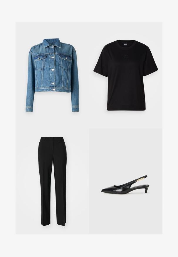 Svijetloplava traper jakna s skraćenim dizajnom, koja sadrži dva džepa na prsima, srebrne dugmiće na pritisak i klasičan ovratnik.; Crna pamučna majica s okruglim izrezom, kratkim rukavima i izvezenim logotipom na prsima. Jednostavan, opušten kroj bez uzorka.; Crne krojene hlače ravnog kroja, s glatkom teksturom i oštrim pregibima naprijed. Bez vidljivih metalnih dijelova.; Crne kožne sandale s petom, s izduženim vrhom, imaju usku petu i zlatni akcent na podesivoj traci. Glatka tekstura.