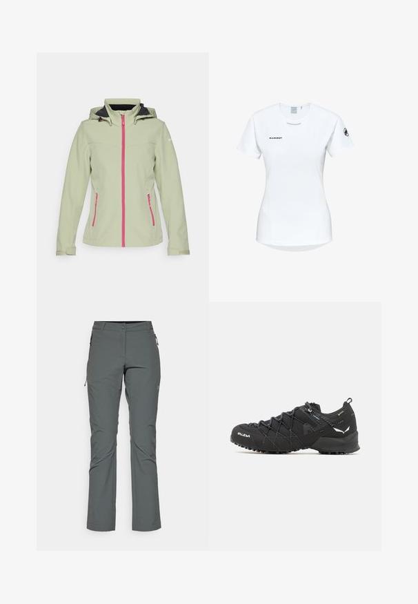 Icepeak BRENHAM - Soft shell jacket - asparagus; Short-sleeve white athletic shirt with a round neckline, featuring a logo on the chest and a smooth, lightweight fabric texture.; Gray outdoor pants made of lightweight, textured fabric; features zipper pockets and a fitted design with a straight leg cut.; Black hiking shoes with a textured fabric upper, lacing system, and rugged rubber sole. Accented with reflective details and logos.