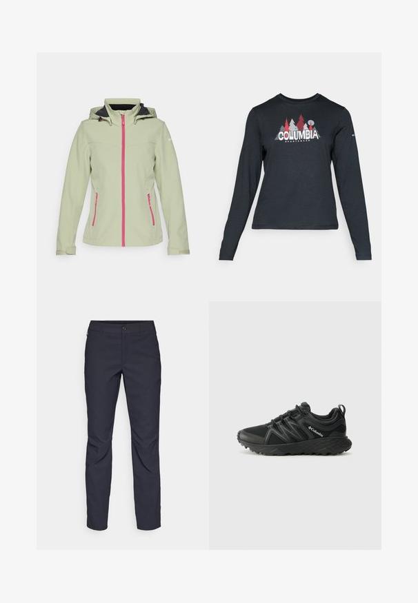 Icepeak BRENHAM - Giacca softshell - asparagus; Maglietta a maniche lunghe grigia scura con una grafica di alberi rossi e montagne; logo "COLUMBIA" in caratteri bianchi in grassetto. Tessuto morbido, scollatura a girocollo standard.; Pantaloni blu navy realizzati in tessuto liscio, con chiusura frontale a bottone, design slim-fit e pieghe decorative sulle ginocchia.; Columbia PEAKFREAK - Scarpa da hiking - black