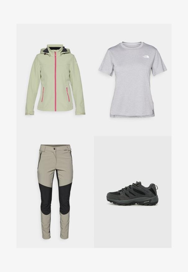 Icepeak BRENHAM - Soft shell jacket - asparagus; Grey short-sleeve t-shirt made of soft, moisture-wicking fabric. Features a crew neck and a small white logo on the upper left.; Lightweight, breathable pants in beige and black with a fitted design, side zippers, and contrasting panel accents on the knees.; Columbia REDMOND - Hiking shoes - black/citron haze
