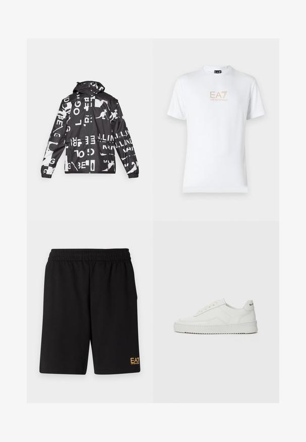 Black and white jacket featuring a mix of text and kangaroo graphics, zip closure, hood, elastic cuffs, and a relaxed fit.; White cotton t-shirt featuring a round neckline and short sleeves, with a gold EA7 Emporio Armani logo printed on the front.; Black athletic shorts made of soft fabric,Featuring an elastic waistband and a small yellow EA7 logo on the lower left leg.; White leather sneaker with a smooth finish, round toe, flat laces, and a textured sole. Features a subtle logo on the heel.