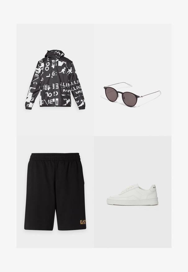 Zwart-witte jacket met een mix van tekst en kangoeroe graphics, ritsluiting, capuchon, elastische manchetten en een ontspannen pasvorm.; Witte katoenen t-shirt met een ronde halslijn en korte mouwen, voorzien van een gouden EA7 Emporio Armani-logo op de voorkant.; Zwarte sportshorts van zacht materiaal, met een elastische tailleband en een klein geel EA7-logo op de onderste linkeronderbroek.; Witte leren sneaker met een gladde afwerking, ronde neus, platte veters en een gestructureerde zool. Kenmerkt zich door een subtiel logo op de hiel.; Zwarte ronde zonnebril met donkere lenzen en slanke metalen armen. Inclusief heldere tempelpunten en zilveren accenten bij de scharnier. Minimalistisch ontwerp.