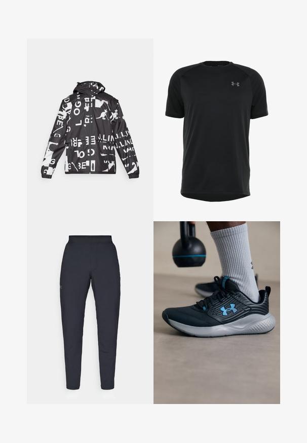 Svart og hvit jakke med en blanding av tekst og kenguru-grafikk, glidelås foran, hette, elastiske mansjetter og avslappet passform.; Svart treningst-skjorte med korte ermer laget av glatt, lett stoff. Har rund halslinning og diskret logo på brystet.; Sorte treningbukser med glatt tekstur, smal passform, elastisk midjebånd og sidelommer. Har en liten logo på venstre lår.; Svarte idrettsko med blå detaljer, teksturert overdel og grå såle. Brukt med grå ribbestrikkede sokker, ved siden av en svart kettlebell.