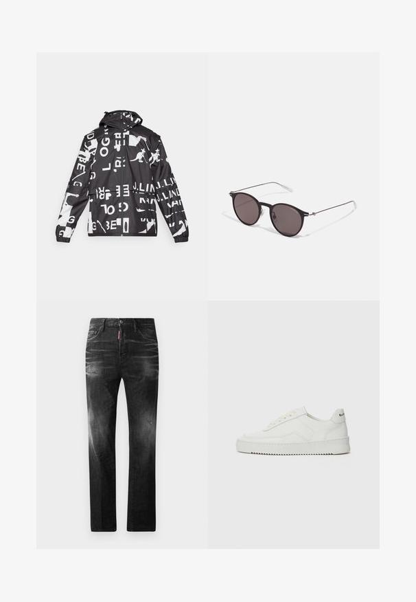 Černo-bílá bunda s kombinací textu a grafikami klokanů, zipovým zapínáním, kapucí, elastickými manžetami a volným střihem.; Černé bavlněné tričko s kulatým výstřihem, krátkými rukávy a logem "EMPORIO ARMANI" v bílém nad nápisem "Milano" v zakřiveném provedení.; Černé džíny z denimu se rovnými nohavicemi. Obsahují vybledlé oblasti, drobné poškození, klasický pětikapsový design a zapínání na knoflík.; Bílé kožené tenisky s hladkým povrchem, kulatou špičkou, plochými tkaničkami a texturovanou podrážkou. Na patě se nachází nenápadné logo.; Černé kulaté sluneční brýle s tmavými skly a tenkými kovovými nohami. Obsahují průhledné koncovky nožiček a stříbrné akcenty na pantu. Minimalistický design.