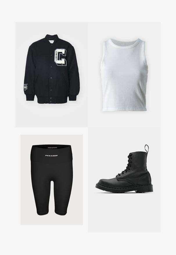 Melnā universitātes jakā, kas izgatavota no mīkstas auduma, ir balts izšūts simbols ar "CRHT" un lielu burtu "C". Poga priekšpusē un sānu kabatas.; Balts ribots topiņš ar apaļu kakla izgriezumu un bez piedurknēm, ar taisnu apakšmalu un gludu, elastīgu struktūru.; Melnas sporta bikses, kas izgatavotas no elastīga auduma, ar augstu jostu un baltu logotipu "PEGADOR" priekšā.; Melnas ādas kaujas zābaki ar apaļu purngalu, auklām priekšā un cilpu potītes daļā. Iespējojums ir biezs gumijas zolei, kas nodrošina izturību.