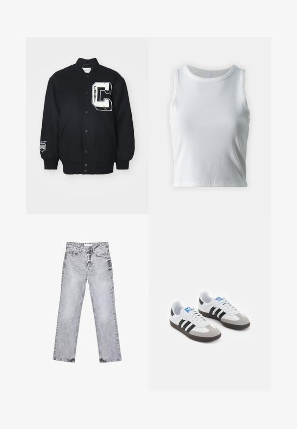 Sort varsity-jakke lavet af blødt stof, med et hvidt broderet mærke med "CRHT" og et stort bogstav "C." Knaplukning foran og sidelommer.; Hvid ribbet tanktop med rund halsudskæring og ærmeløs design, med en lige kant og en glat, strækbar tekstur.; Grå denim jeans med lige ben, distressed detaljer, fem lommer og kobbernitter. Taljebåndet har et logomærke.; Sportsko med en overdel i hvid læder, grå ruskind på tåen og tre sorte striber. Har et blåt logo på tungen og en struktureret gummisål.