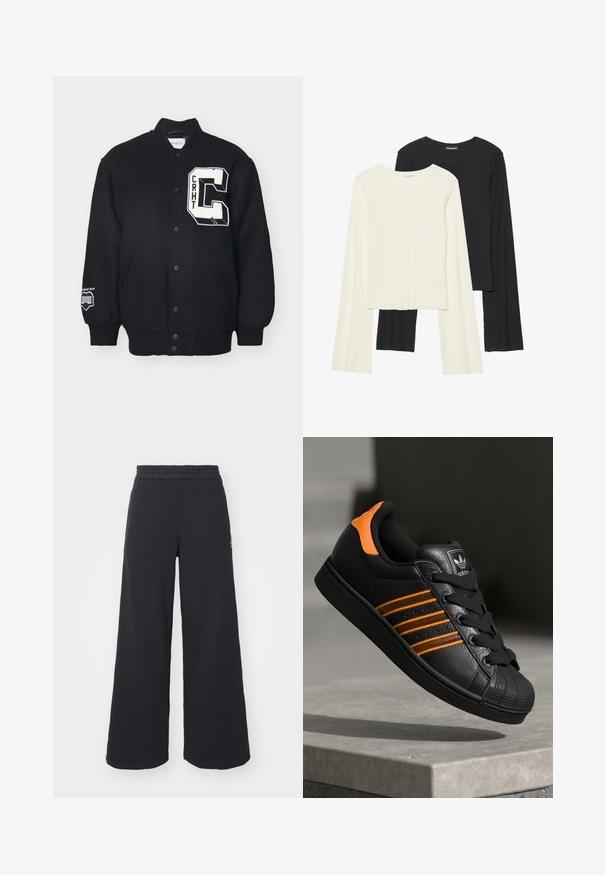 Zwarte varsityjack gemaakt van zacht materiaal, met een witte geborduurde patch met "CRHT" en een grote letter "C." Knopen aan de voorkant en zijzakken.; Set van twee longsleeve tops in wit en zwart. Geribbelde textuur, ronde hals, aansluitend ontwerp met licht uitlopende mouwen.; Zwarte wijde sweatpants gemaakt van zachte stof, met een elastische tailleband en een klein logo aan de linkerkant.; Zwarte sneaker met oranje accenten, drie horizontale strepen, bovenwerk van textuurlak, rubberen neuzen en zwarte veters.