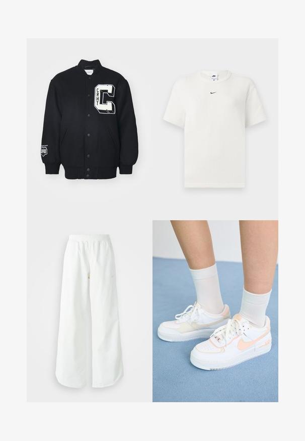 Čierna varsity bunda vyrobená z mäkkej tkaniny, s bielou vyšitou nášivkou s nápisom "CRHT" a veľkým písmenom "C." Zapínanie na gombíky a bočné vrecká.; Biela rebrovaná tričko s okrúhlym výstrihom a krátkymi rukávmi. Na hrudi je malá čierna značka Nike. Tkanina je textúrovaná a má priliehavý strih.; Biele široké športové nohavice s ribbovaným pásom a jemným logom. Hladká tkanina s uvoľneným strihom a zúženým lemom.; Biele tenisky s broskyňovými akcentmi, hladký kožený zvršok, perforovaný špička, textúrovaná podošva a šnúrky. Nosia sa s bielymi členkovými ponožkami na modrom povrchu.