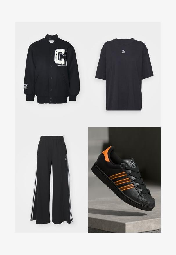 Giacca varsity nera realizzata in tessuto morbido, con una patch ricamata bianca con "CRHT" e una grande lettera "C". Chiusura frontale con bottoni e tasche laterali.; T-shirt in cotone nero con maniche corte, scollatura rotonda, presenta un logo bianco Adidas sul petto. Design semplice, vestibilità rilassata.; Pantaloni in felpa neri a gamba larga con vita elastica, dotati di strisce bianche sui lati e un logo ricamato sulla coscia sinistra.; Sneaker nera con accenti arancioni, tre strisce orizzontali, parte superiore in pelle texture, punta in gomma e lacci neri.
