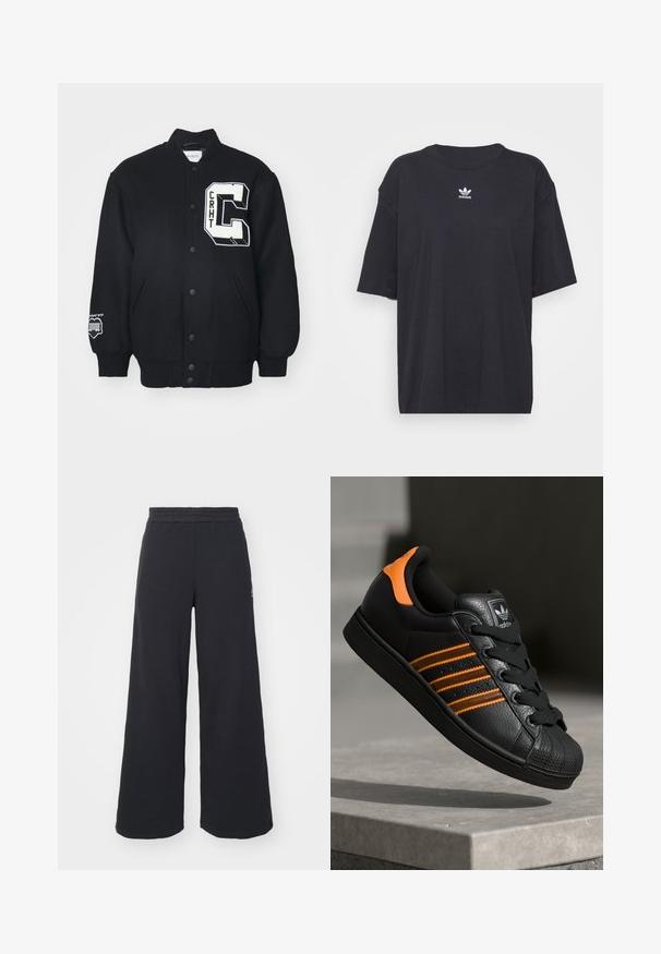 Schwarze Collegejacke aus weichem Stoff, mit einem weißen gestickten Aufnäher mit "CRHT" und einem großen Buchstaben "C". Mit Knopfverschluss vorne und Seitentaschen.; Schwarzes Baumwoll-T-Shirt mit kurzen Ärmeln, rundem Halsausschnitt, mit einem weißen Adidas-Logo auf der Brust. Einfaches Design, lockere Passform.; Schwarze weite Sweatpants aus weichem Material, mit einem elastischen Taillenbund und einem kleinen Logo auf der linken Seite.; Schwarze Sneaker mit orangen Akzenten, drei horizontalen Streifen, strukturiertem Lederobermaterial, Gummikappe und schwarzen Schnürsenkeln.
