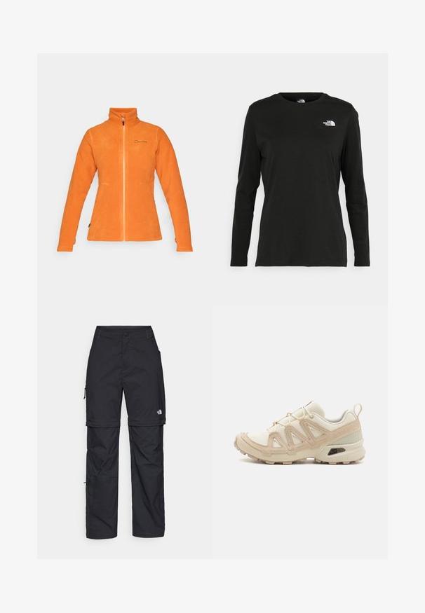 Oranž fleece-stiilis jakk kõrge kaelusega ja esi tõmbega, millel on kaks küljetaskut ja õrn logo rinnal. Pehme tekstuur.; Must mustahiheline T-särk, millel on pikad varrukad, valmistatud puuvillast ja ümarast kaelusest. Vasakul rinnal on väike valge logo. Lihtne disain ja sobivus.; Mustad nailonist valmistatud eemaldatavad cargo-püksid, reguleeritavate pahkluudega, mitmete taskutega ja paremal jalal logoga. Sile, kerge tekstuur.; Beež ja koobalti spordijalats tekstureeritud võrkkattega, toetavad ülemised kihid ja kummist tallaga, millel on mustriga joonistus haardeks.