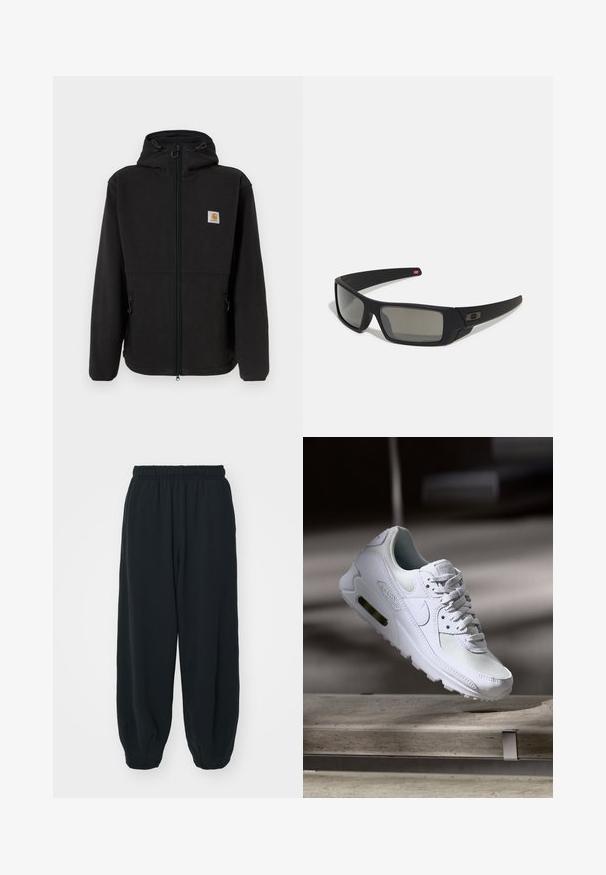 Schwarze Fleecejacke mit Reißverschluss vorne, verstellbarem Kapuzenkragen, Seitentaschen und einem kleinen Logopatch auf der linken Brust. Weicher Stoff.; Schwarzer Sweatshirt aus Baumwolle mit rundem Ausschnitt, langen Ärmeln und einem kleinen weißen Nike-Logo auf der oberen linken Brust.; Schwarze Sweatpants mit elastischem Bund, lockerer Passform, gerippten Beinabschlüssen, glatter Textur und ohne sichtbare Muster oder Hardware-Akzente.; Weiße Nike Air Max 90 Sneaker mit einem Obermaterial aus Mesh und Leder, durchlässigem Zehenbereich und einer sichtbaren Air-Einheit in der Ferse.; Schwarze Sonnenbrille mit matter Oberfläche, rechteckigen Gläsern, leichtem Bogen an den Schläfen, dezentem Logo-Detail und rauchgetönten Gläsern.