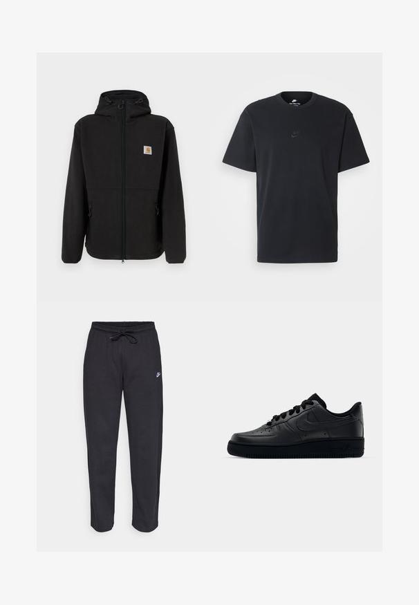 Giacca in pile nera con zip frontale, cappuccio regolabile, tasche laterali e piccola etichetta con logo sul lato sinistro del petto. Texture morbida.; T-shirt in cotone nero della Nike con collo rotondo classico, maniche corte e un logo in rilievo discreto sul petto. Texture liscia.; Pantaloni della tuta neri realizzati in tessuto morbido con vita elastica, coulisse e un piccolo logo Nike sulla coscia sinistra.; Sneaker Nike Air Force 1 nera con tomaia in pelle liscia, punta perforata per la traspirabilità, lacci neri e suola in gomma testurizzata.