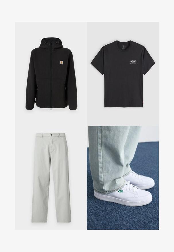 Musta fliistek gaas, millel on lukuga eesmine osa, reguleeritav kapuuts, küljetaskud ja väike logopatch vasakul rinnal. Pehme tekstuur.; Must musta T-särk lühikeste varrukatega ja ümar kaelus. Vasakul rinna kohal on väike valge graafiline print. Sile tekstuur.; Heledad hallhalli sirged püksid, mis on valmistatud siledast kudumisest. Omab esist nupulahtust ja küljetaskuid. Minimalistlik stiil.; Valged nahast tennisetossud rohelise Nike logo ja ümarate varvastega, lamedate taldadega, koos helesiniste teksapükstega, esitatud sinisel vaibal.