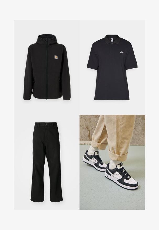 Μαύρο φλις μπουφάν με φερμουάρ μπροστά, ρυθμιζόμενη κουκούλα, πλαϊνές τσέπες και μικρή ετικέτα λογότυπου στο αριστερό στήθος. Μαλακή υφή.; Μαύρο πόλο μπλουζάκι από βαμβάκι, με πλαίσιο δύο κουμπιών, κοντά μανίκια και λευκό λογότυπο Nike στο αριστερό στήθος.; Μαύρα τζιν με ευθεία γραμμή, κλείσιμο με κουμπί, θηλιές ζώνης και μπροστινές τσέπες σε λευκό φόντο.; Μαύρα και άσπρα αθλητικά παπούτσια Nike Air Force 1 με δερμάτινη επένδυση, τρυπητή μύτη και υφασμάτινη λεπτομέρεια στην σόλα, φορεμένα με τυλιγμένα μπεζ παντελόνια και λευκές κάλτσες.