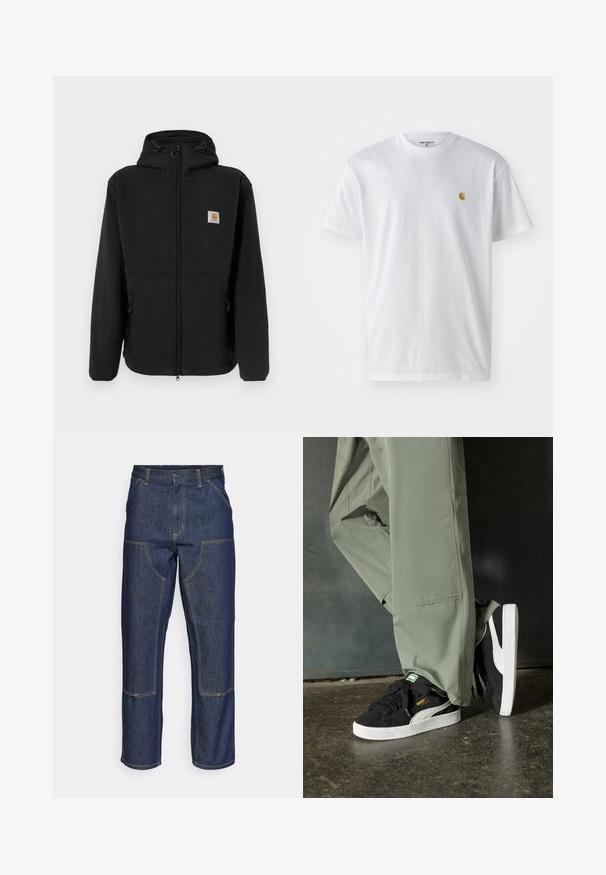 Zwarte fleecejack met een rits aan de voorkant, verstelbare capuchon, zijzakken en een klein logopatch op de linkerkant van de borst. Zachte textuur.; Witte katoenen t-shirt met korte mouwen en ronde hals, voorzien van een klein gouden logo op de linkerkant van de borst. Zachte textuur en een normale pasvorm.; Donkerblauwe denim jeans met een hoge taille, rechte pijpen, contrasterende stiksels en opgestikte zakken aan de voorkant.; Zwarte suède sneakers met witte rubberen zolen en zijstrepen, gecombineerd met lichtgroene cargobroeken, staande op een gestructureerd donker oppervlak.